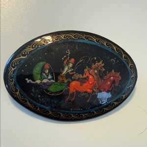 Vintage Oval Russian Lacquer brooch pin with Mythical horse Scene imagery photo